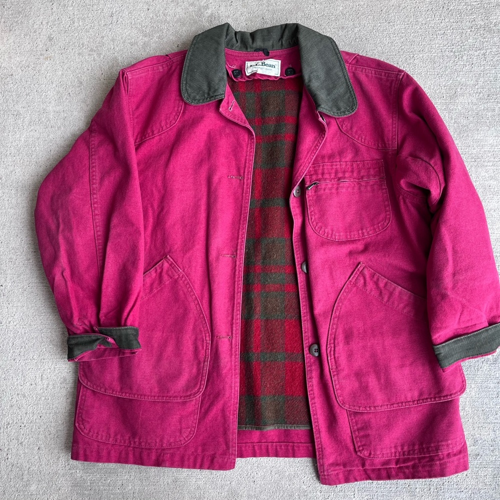 Vintage 90s flannel lined LLbean chore coat red green corduroy barn coat jacket - Picture 3 of 5